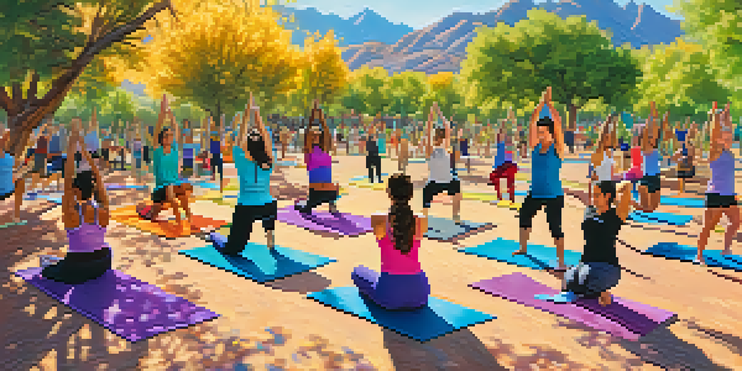 A diverse group of people practicing yoga outdoors in a sunny park, surrounded by greenery and mountains in the background.