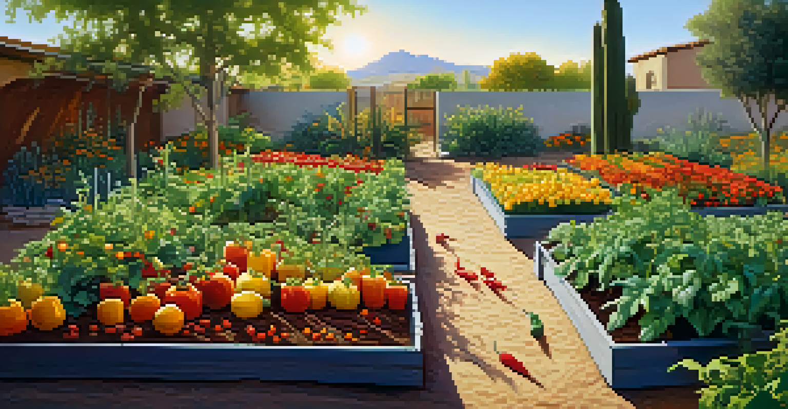 A sunny garden in Phoenix with tomato plants, bell peppers, and squash in raised beds, showcasing a drip irrigation system.
