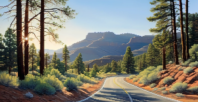 A beautiful landscape of the Beeline Highway surrounded by tall pine trees and distant mountains under a clear sky, with sunlight filtering through the branches.