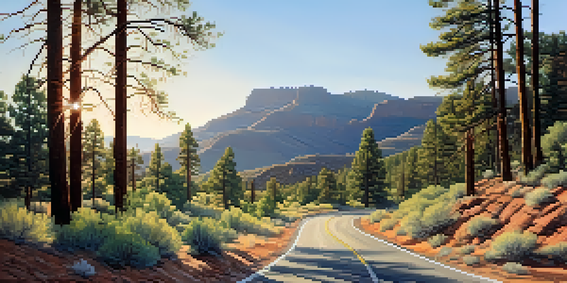 A beautiful landscape of the Beeline Highway surrounded by tall pine trees and distant mountains under a clear sky, with sunlight filtering through the branches.