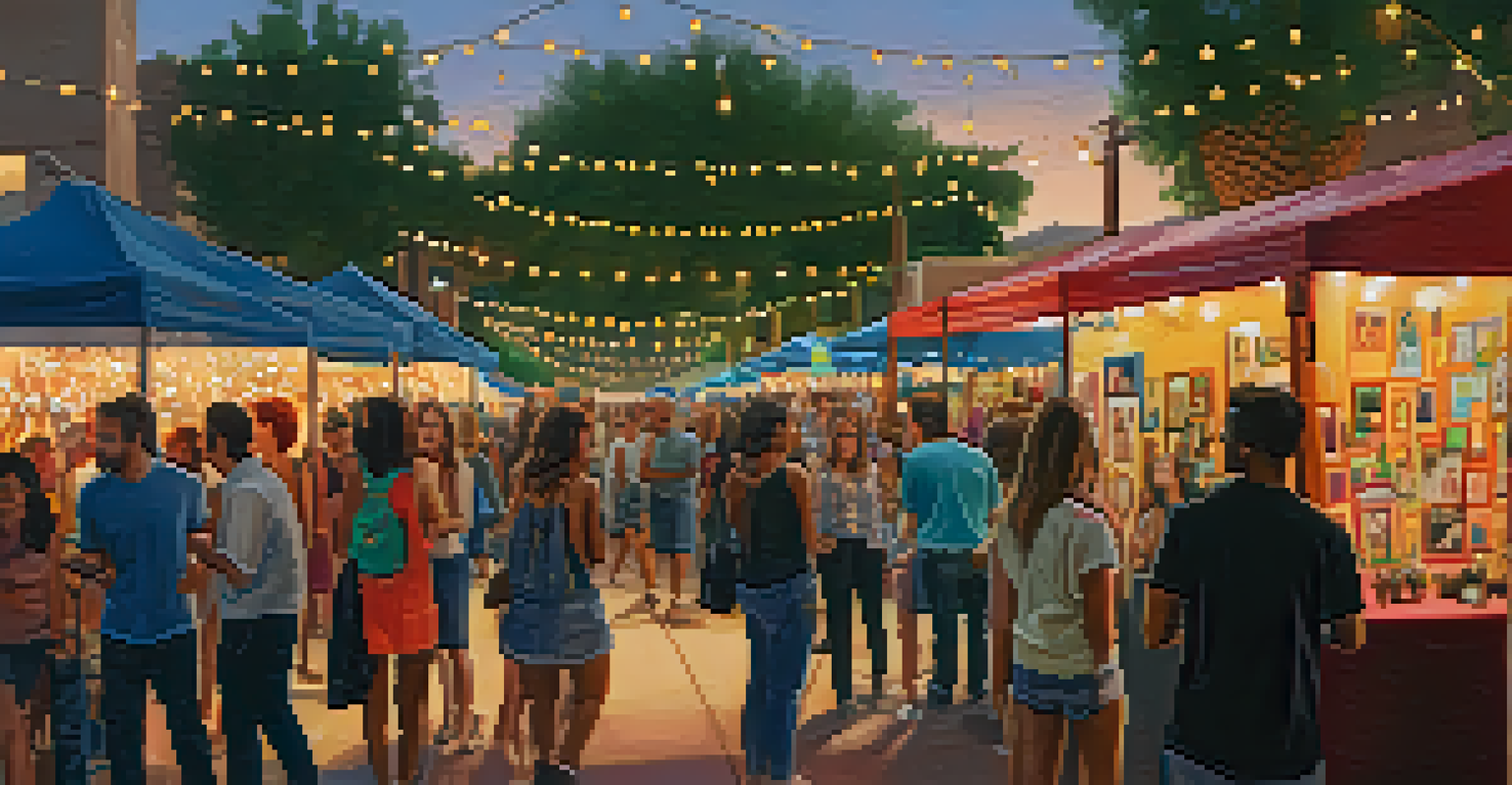 A bustling First Friday Art Walk in Phoenix, featuring artists and diverse visitors among colorful artworks under string lights.