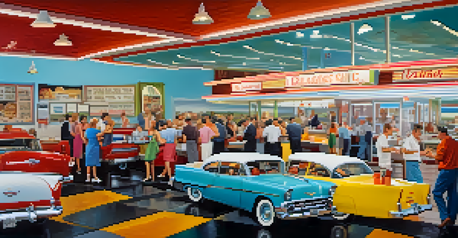 A lively diner scene at Delgadillo's Snow Cap Drive-In, with patrons enjoying burgers and shakes in a retro setting.