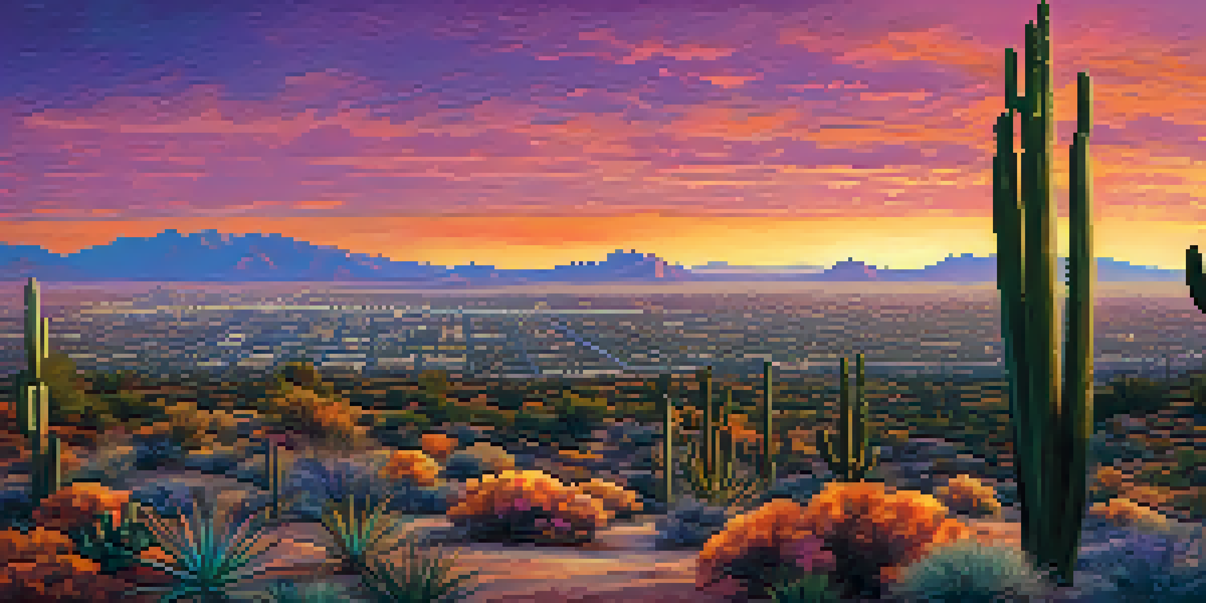A sunset view of Phoenix, Arizona, with a skyline and desert landscape, illustrating water scarcity challenges.