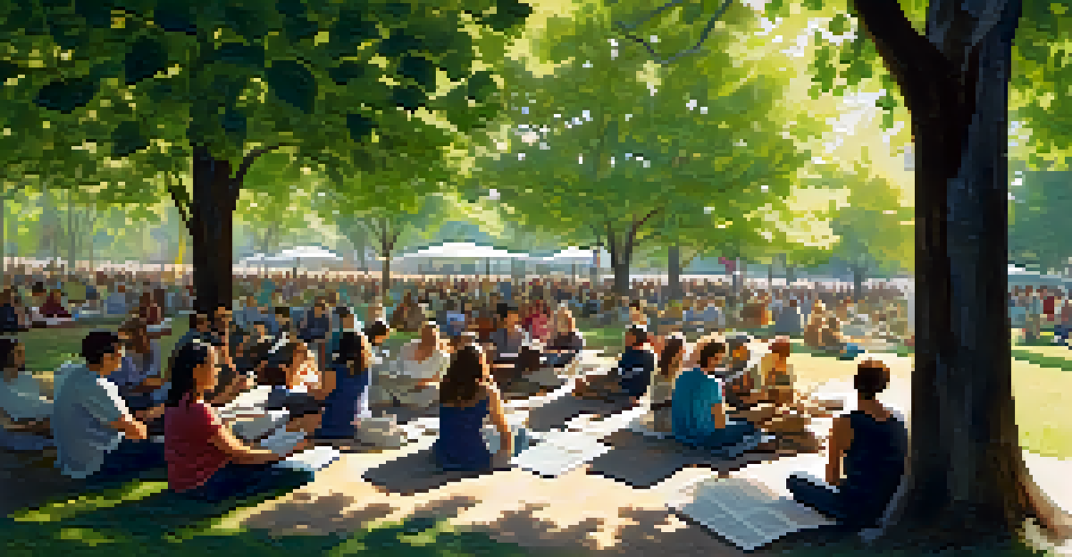 A peaceful outdoor Poetry in the Park event, with poets reading under lush trees and attendees on blankets.