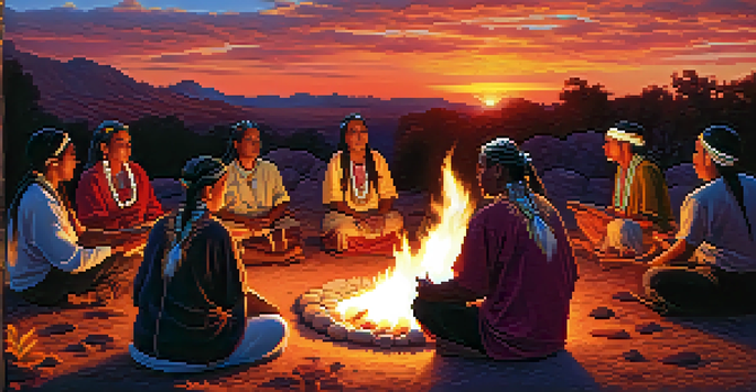 A group of Phoenix Indigenous people gathered around a fire, participating in a healing ceremony with herbs and plants surrounding them, set against a colorful sunset.