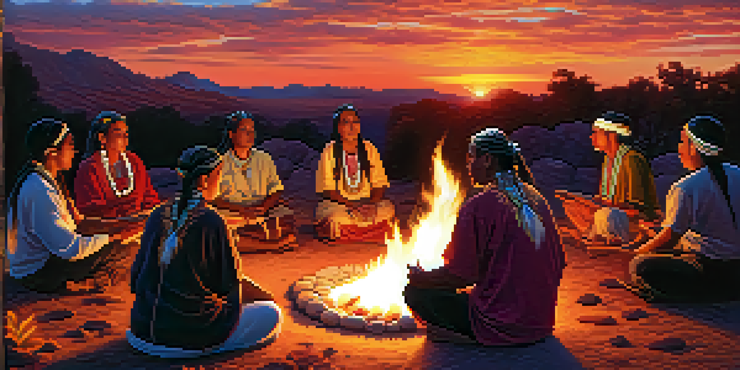 A group of Phoenix Indigenous people gathered around a fire, participating in a healing ceremony with herbs and plants surrounding them, set against a colorful sunset.