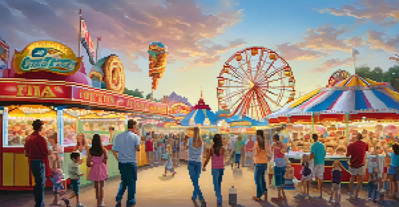 A family enjoying food at the Arizona State Fair, with colorful rides in the background and smiles on their faces.