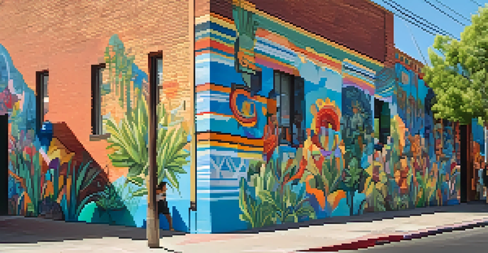 A lively street in Roosevelt Row, Phoenix, filled with colorful murals and people enjoying the art.
