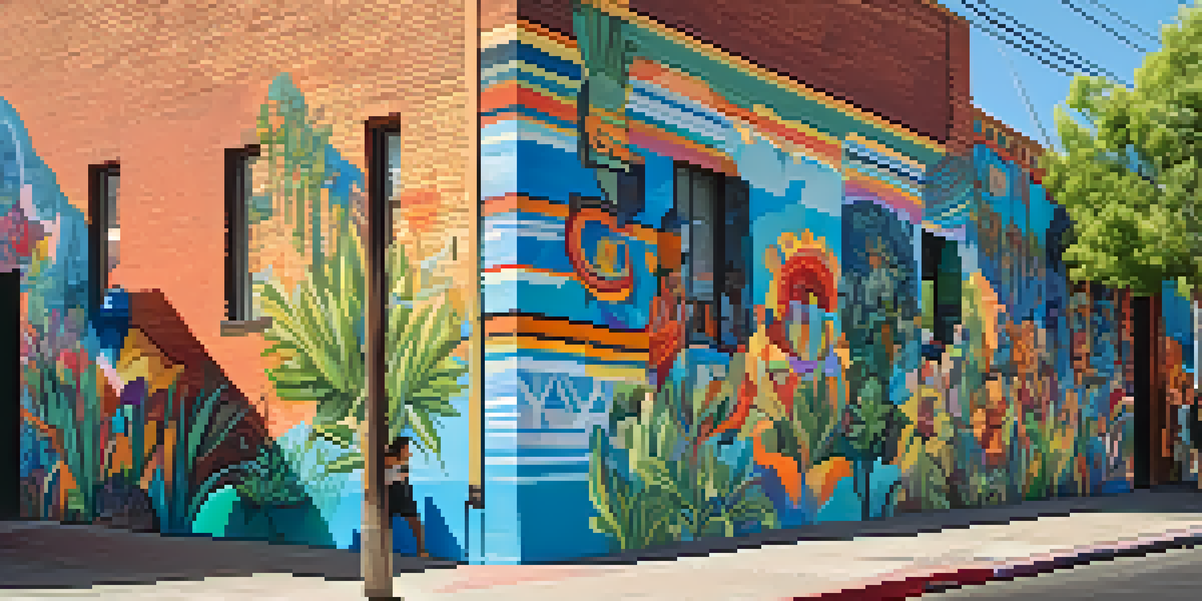 A lively street in Roosevelt Row, Phoenix, filled with colorful murals and people enjoying the art.