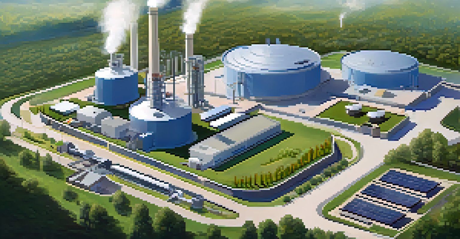 A modern waste-to-energy facility with clean emissions and solar panels under a blue sky.