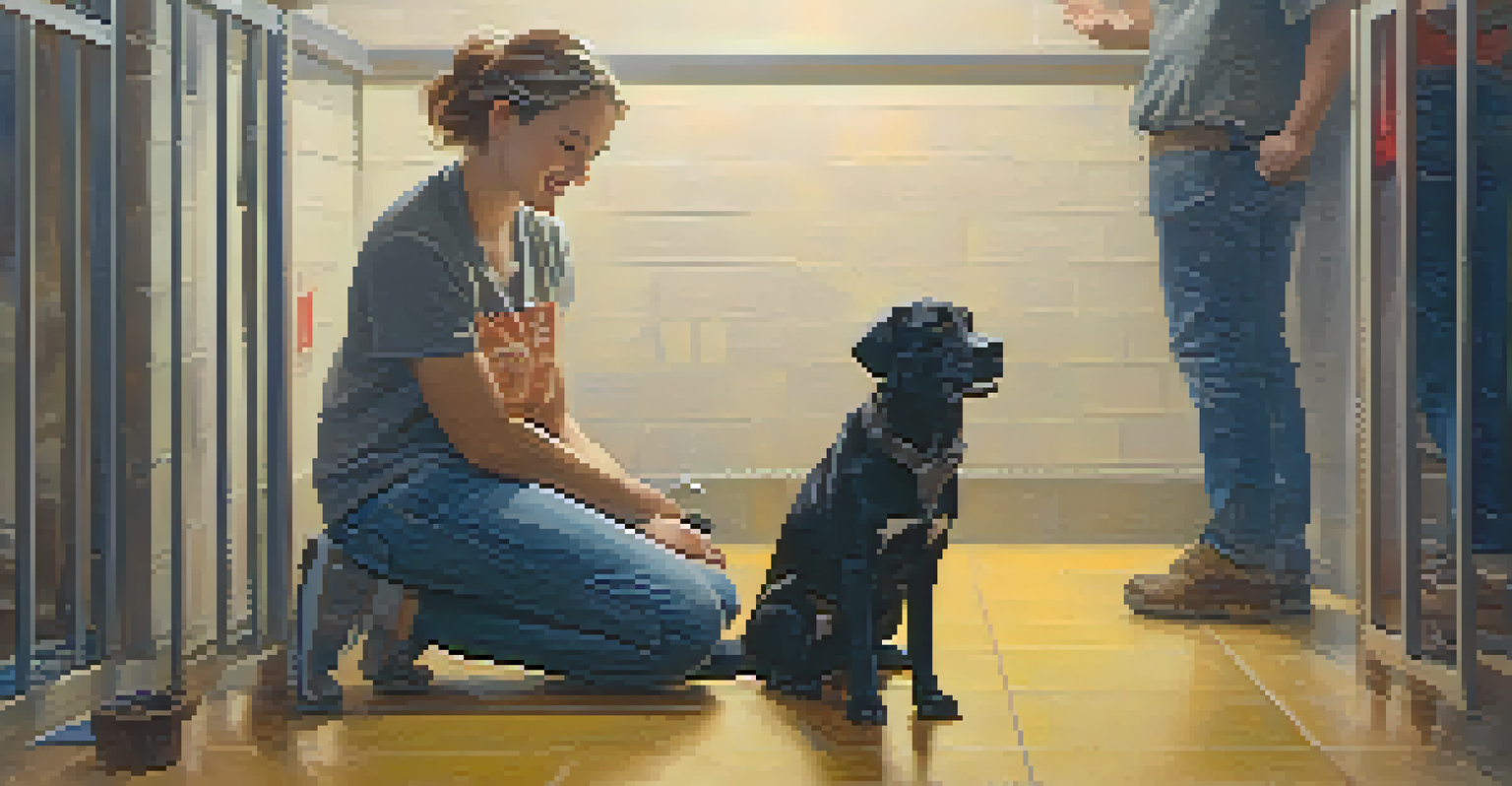A close-up of a volunteer kneeling and offering a treat to a shy dog in an animal shelter.