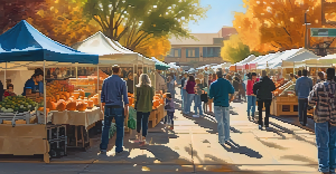 A bustling Phoenix outdoor market in autumn with colorful pumpkin stalls and families enjoying the scene under warm sunlight.