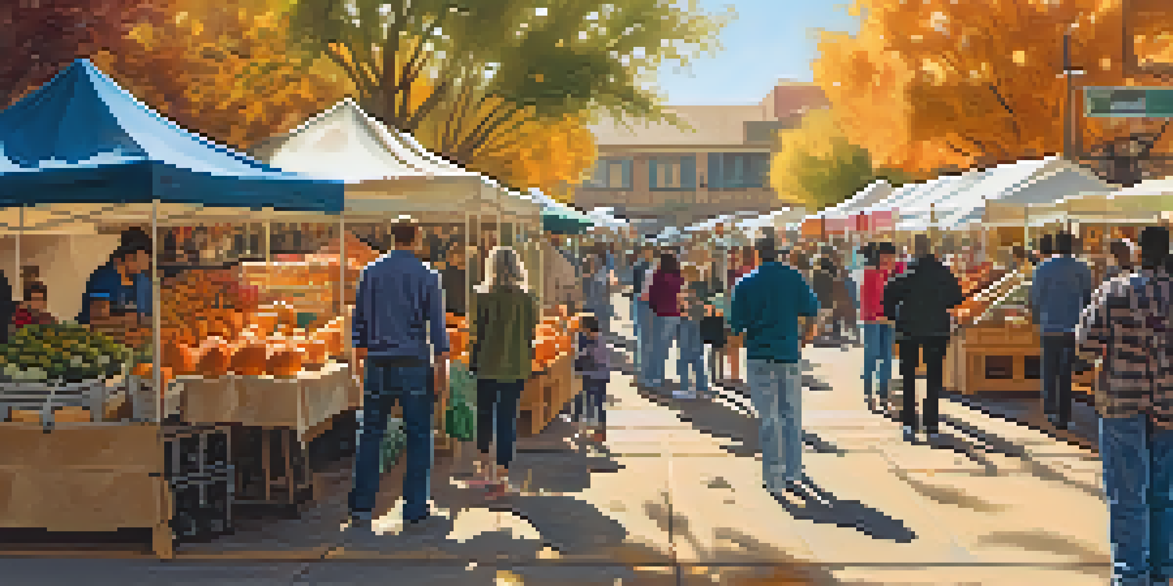 A bustling Phoenix outdoor market in autumn with colorful pumpkin stalls and families enjoying the scene under warm sunlight.