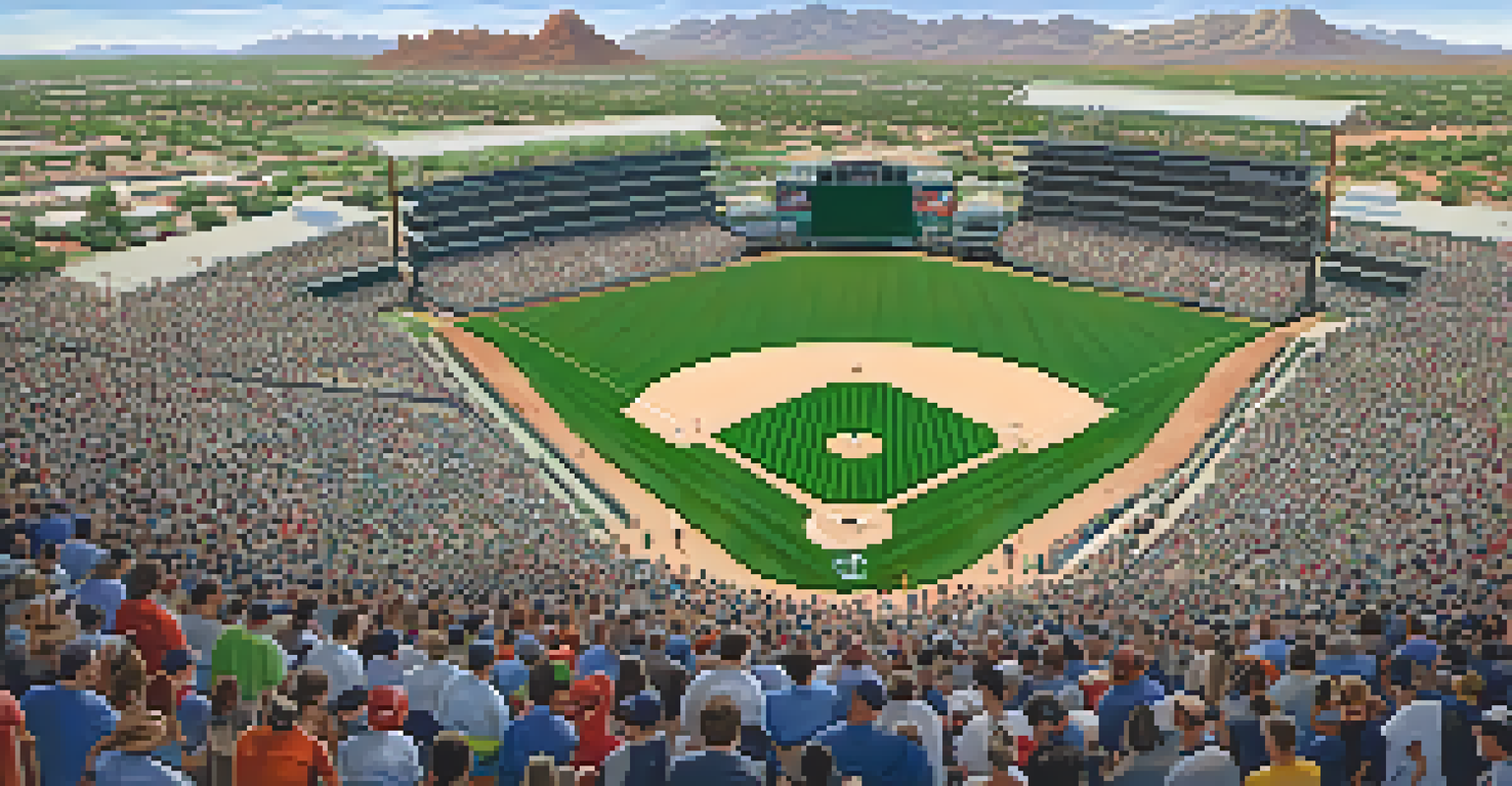 An aerial view of a bustling spring training baseball stadium in Phoenix with fans cheering and players on the field.