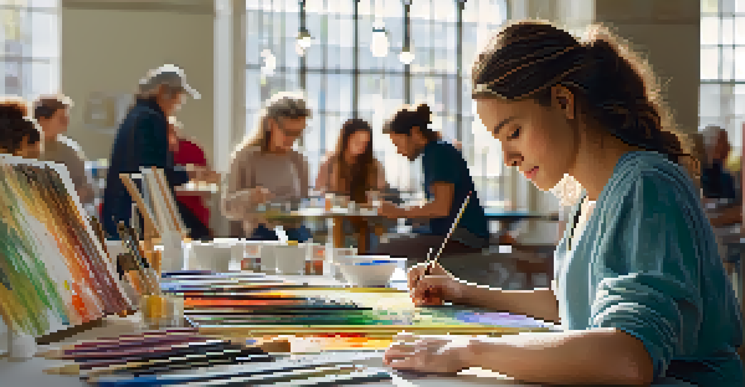 A close-up view of an individual painting at a library workshop, surrounded by art supplies and other participants, with warm light enhancing the creative atmosphere.
