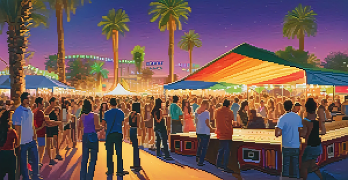 A lively outdoor music festival in Phoenix with a diverse crowd and musicians performing on stage, illuminated by colorful lights.