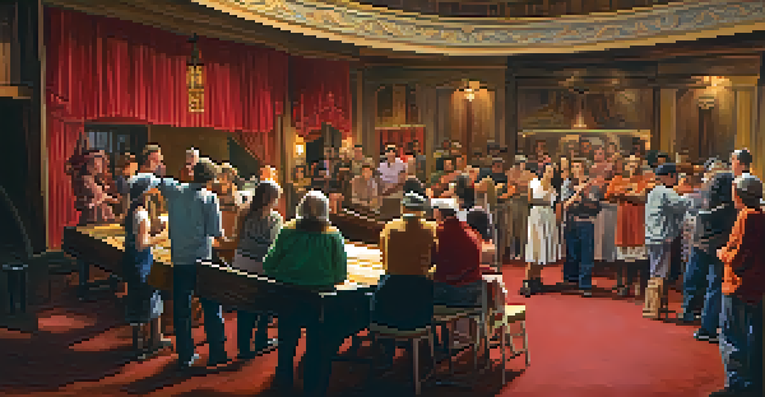 Volunteers preparing for a theater production in a cozy setting filled with costumes and props, showcasing teamwork and creativity.