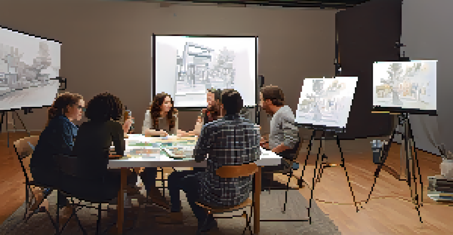 A filmmaking workshop in Phoenix with diverse participants brainstorming ideas surrounded by storyboards and film equipment.