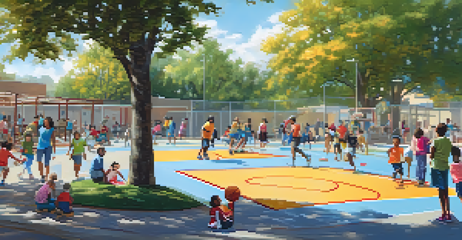 Families enjoying various activities at Rio Vista Recreation Center, with children playing basketball and others in a skate park.