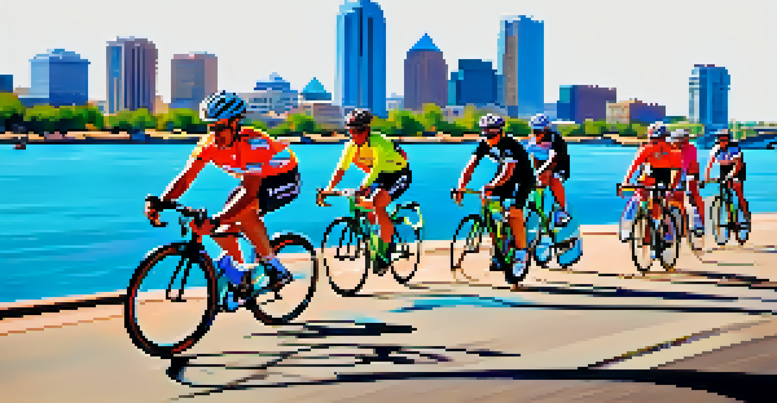 Cyclists racing along Tempe Town Lake with the city skyline in the background on a bright sunny day.