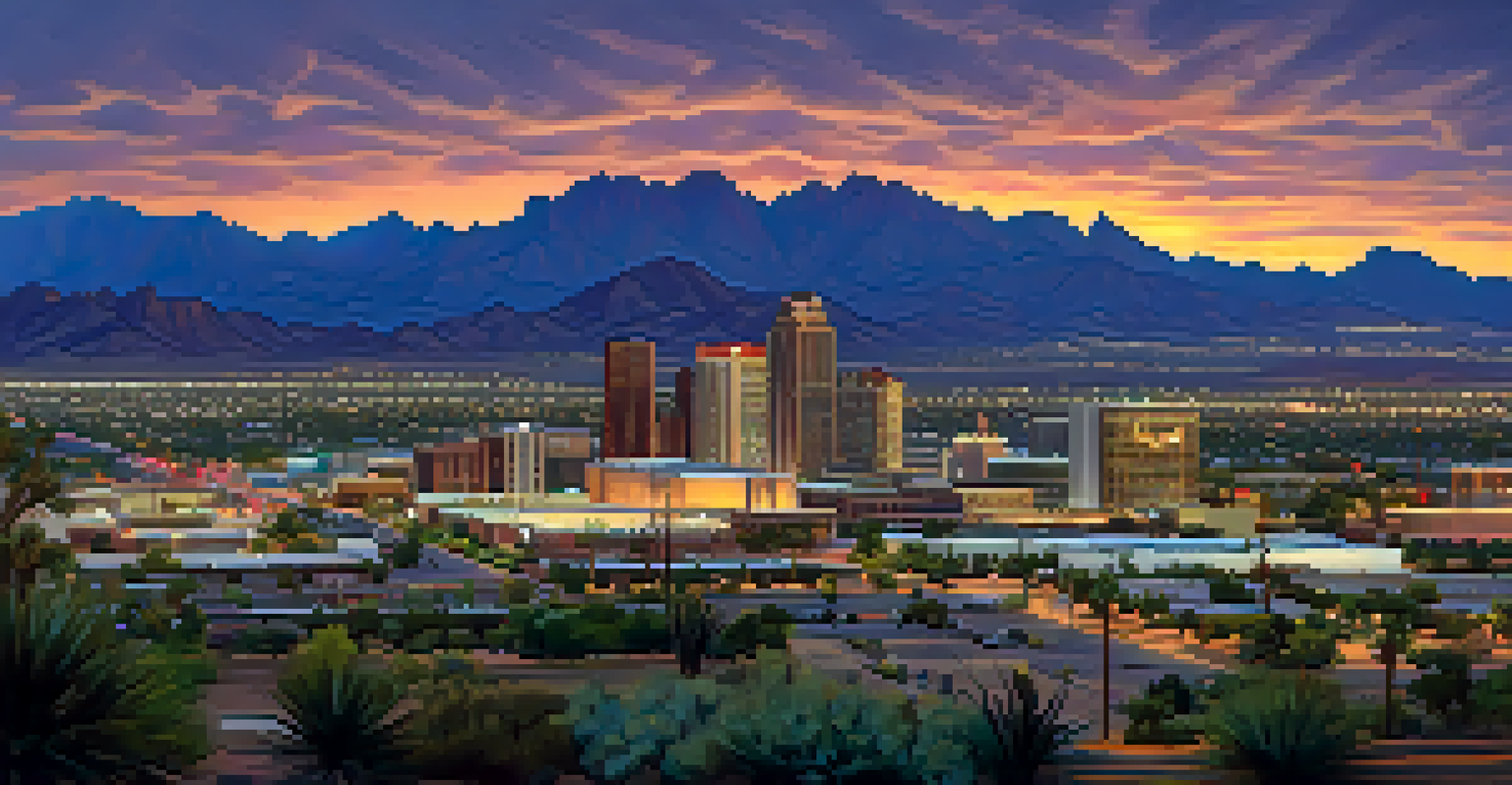A cityscape of Phoenix with the Superstition Mountains in the background during twilight.