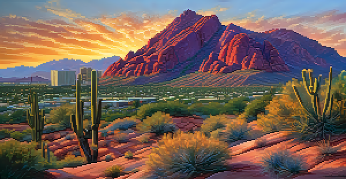 Sunset view of Camelback Mountain with red rock formations and the Phoenix skyline in the distance, showcasing vibrant sunset colors.