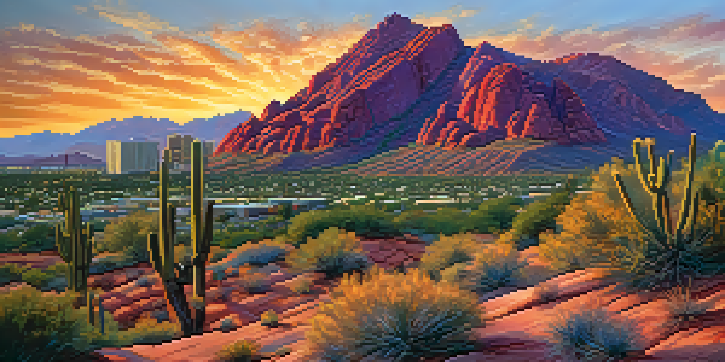 Sunset view of Camelback Mountain with red rock formations and the Phoenix skyline in the distance, showcasing vibrant sunset colors.