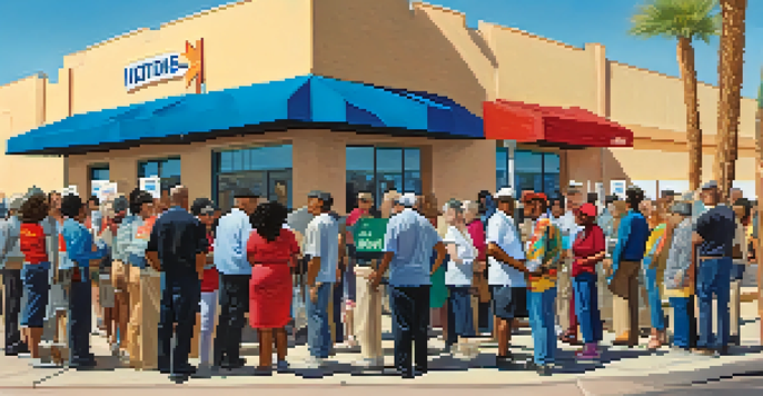 A diverse group of voters standing in line outside a polling station, smiling and interacting, with colorful campaign signs in the background.
