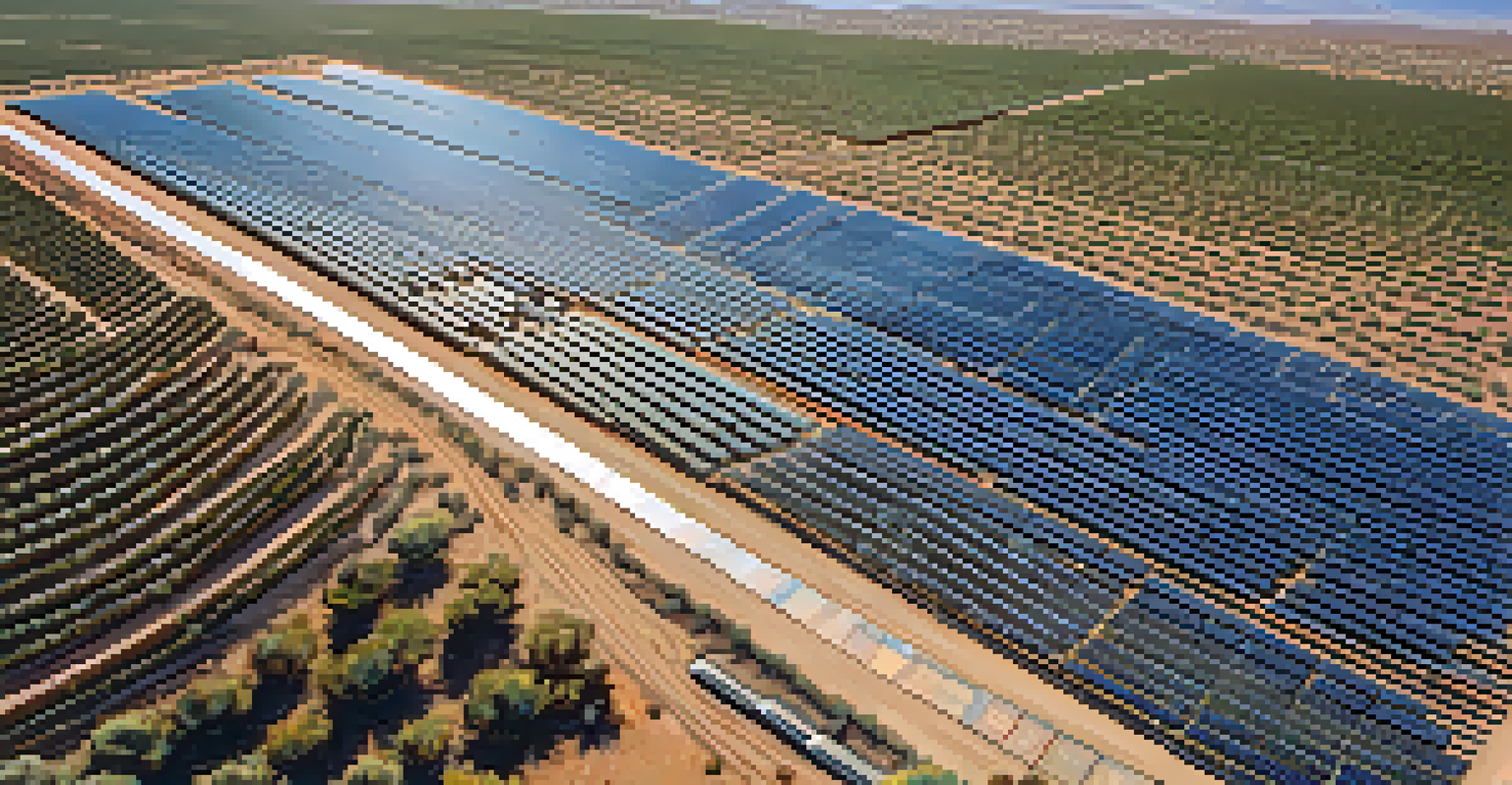 Aerial view of a solar energy farm in Phoenix with solar panels and desert landscape under a blue sky.
