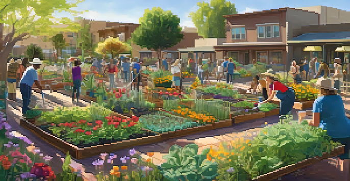 A community garden in Phoenix filled with diverse plants and flowers, with people gardening under a bright sun.