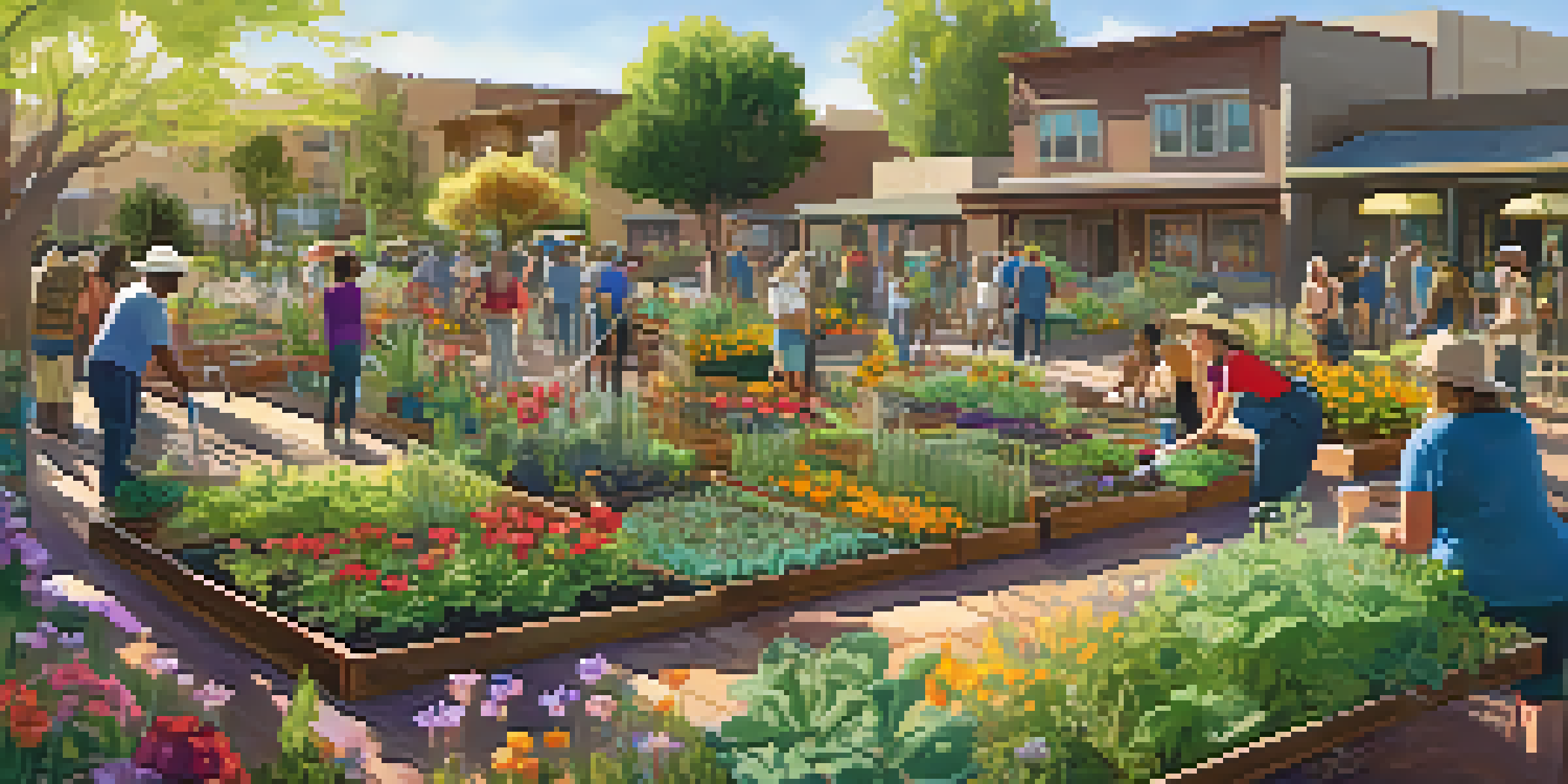 A community garden in Phoenix filled with diverse plants and flowers, with people gardening under a bright sun.