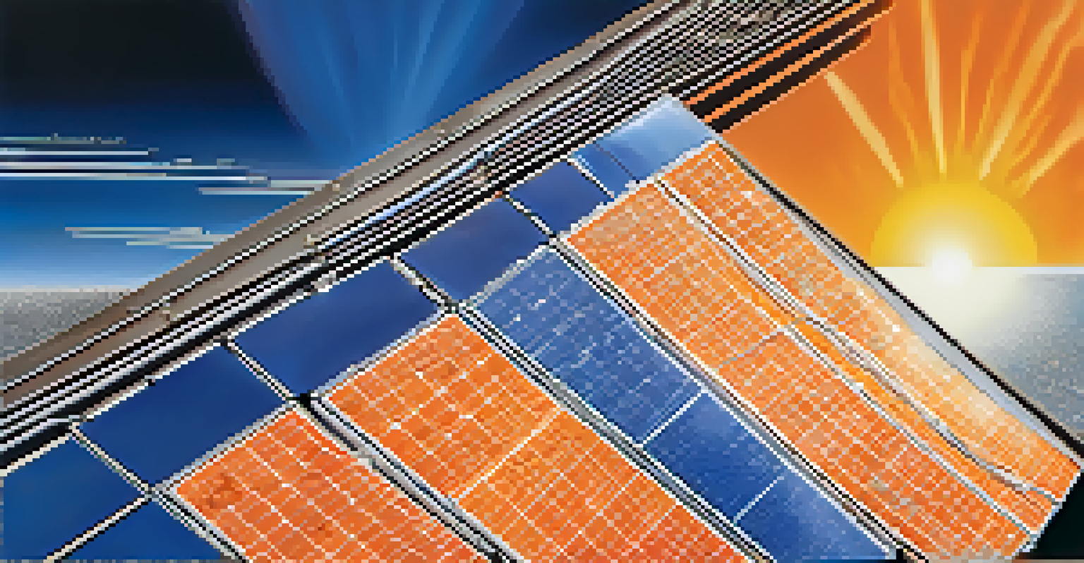 Close-up of a solar panel reflecting sunlight, with a gradient background representing energy flow.