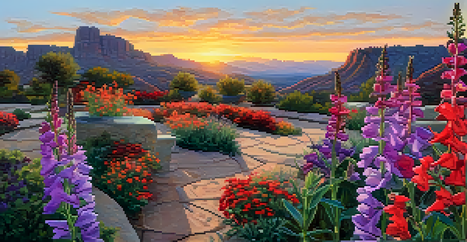 A peaceful garden with Penstemon plants in bloom, surrounded by a rocky landscape and buzzing bees.