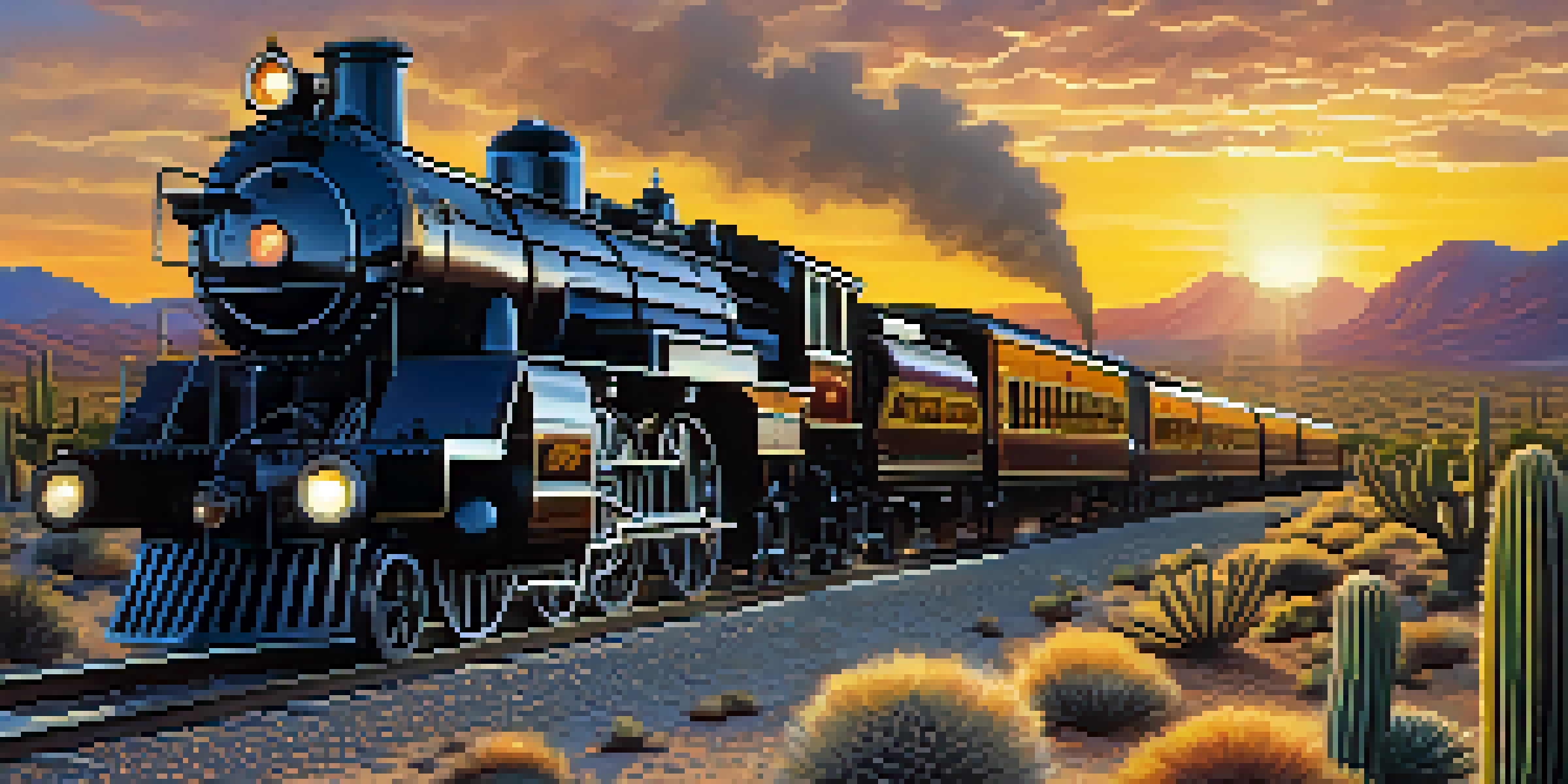 A vintage steam train in the Sonoran Desert at sunset, with cacti and rolling hills in the background.