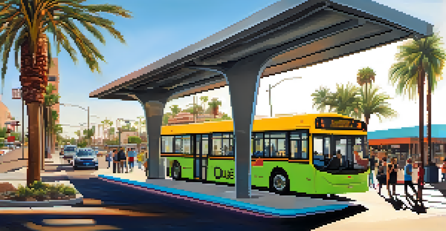 A modern bus stop in Phoenix with a sleek bus and diverse commuters, surrounded by palm trees and city buildings under bright sunlight.