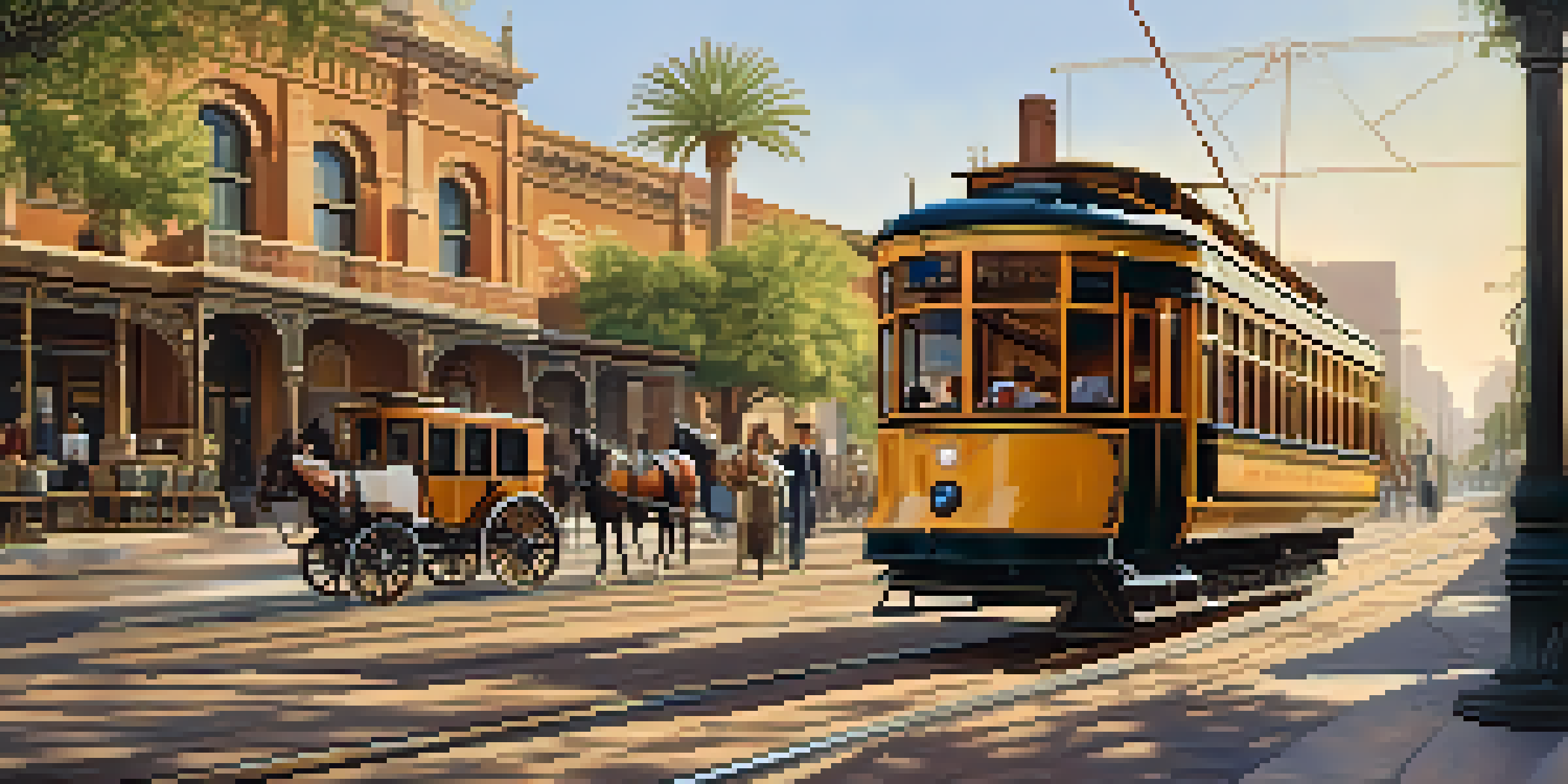 A historic horse-drawn streetcar on cobblestone streets in Phoenix, showcasing early architecture and golden sunlight.