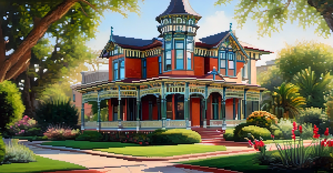 A beautiful Victorian house with ornate details, surrounded by colorful gardens under warm sunlight.