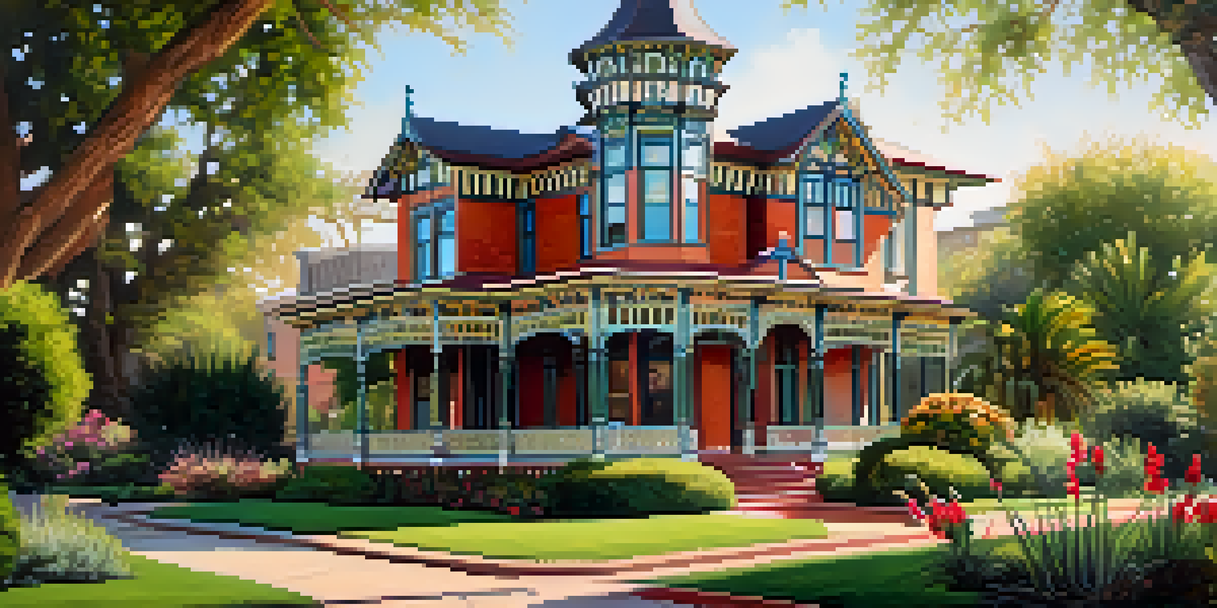 A beautiful Victorian house with ornate details, surrounded by colorful gardens under warm sunlight.
