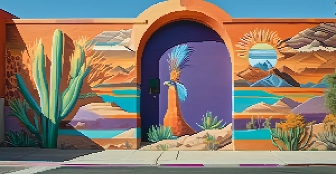 A colorful mural showcasing the cultural heritage of Phoenix with desert landscapes and Indigenous patterns on a downtown wall.