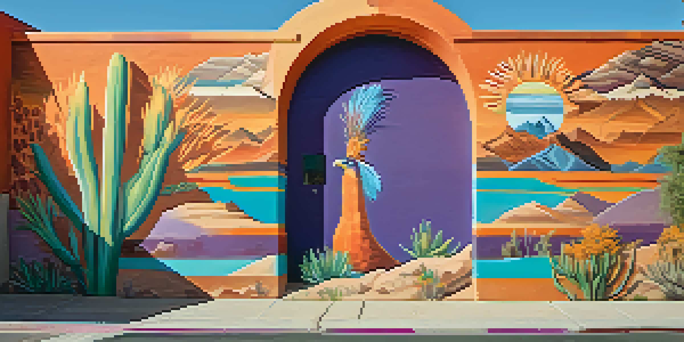 A colorful mural showcasing the cultural heritage of Phoenix with desert landscapes and Indigenous patterns on a downtown wall.