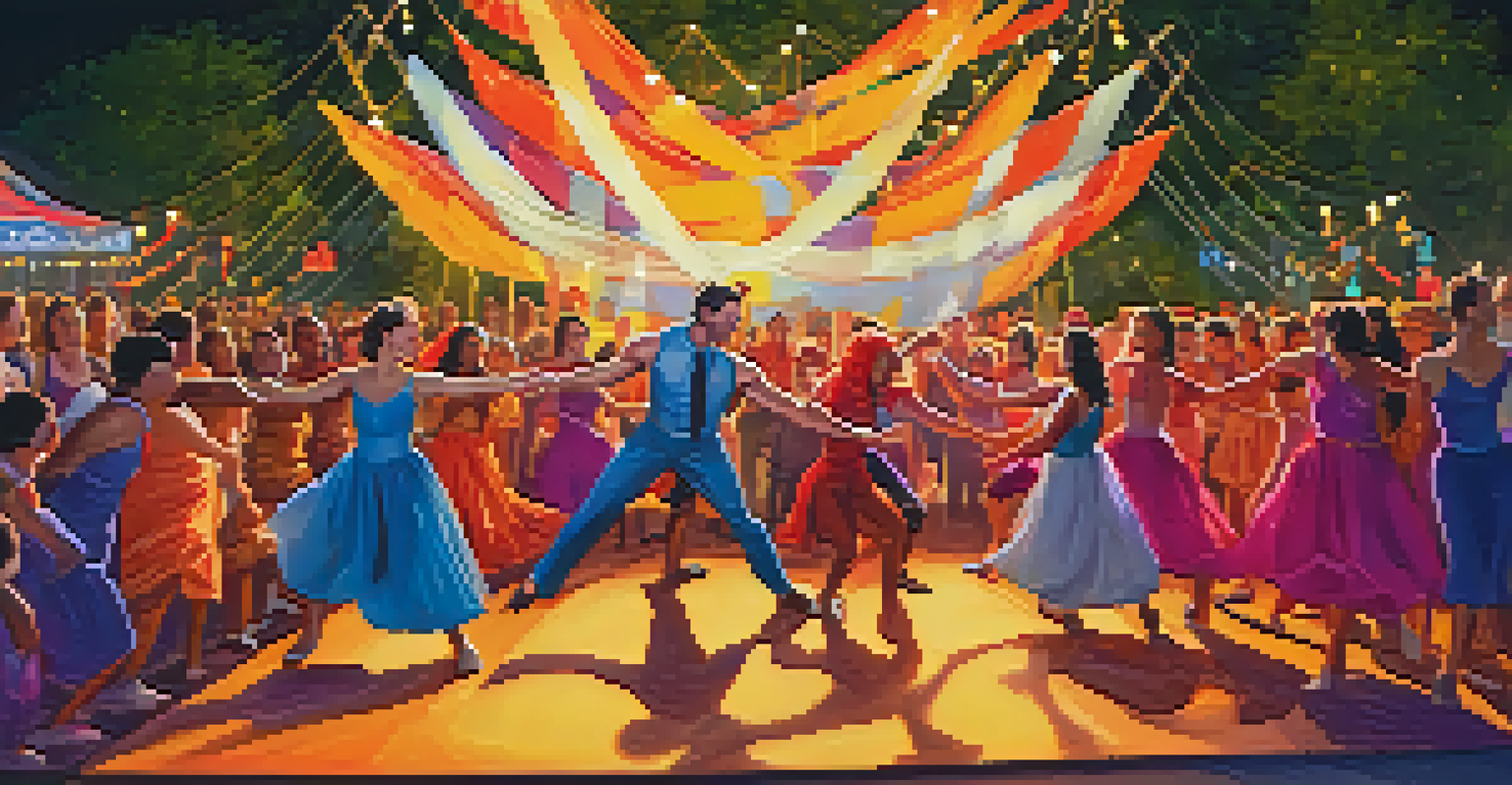 A lively outdoor performance at the Phoenix Fringe Festival with dancers and actors in colorful costumes, surrounded by an enthusiastic audience.