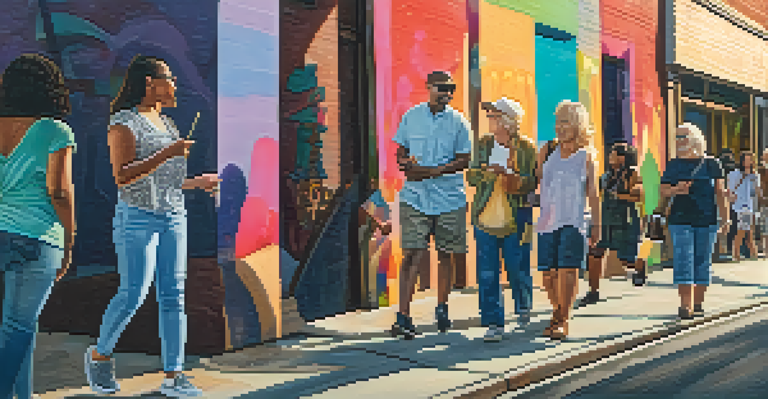 A group of diverse people on an art walk, admiring colorful murals in the Roosevelt Row Arts District under soft evening lights.