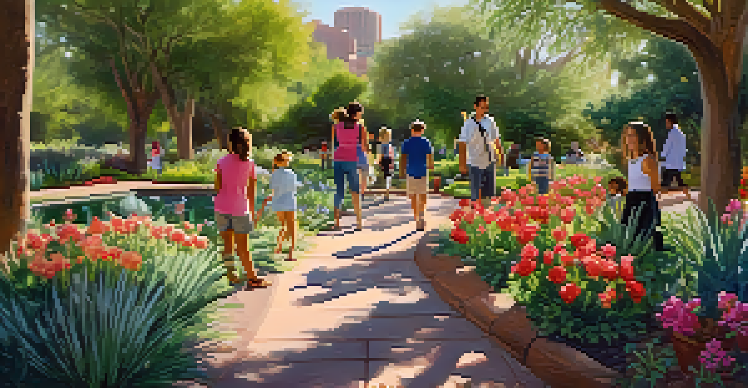 Families exploring the Phoenix Botanical Garden, with children engaged in a nature scavenger hunt amidst colorful flowers and lush greenery.