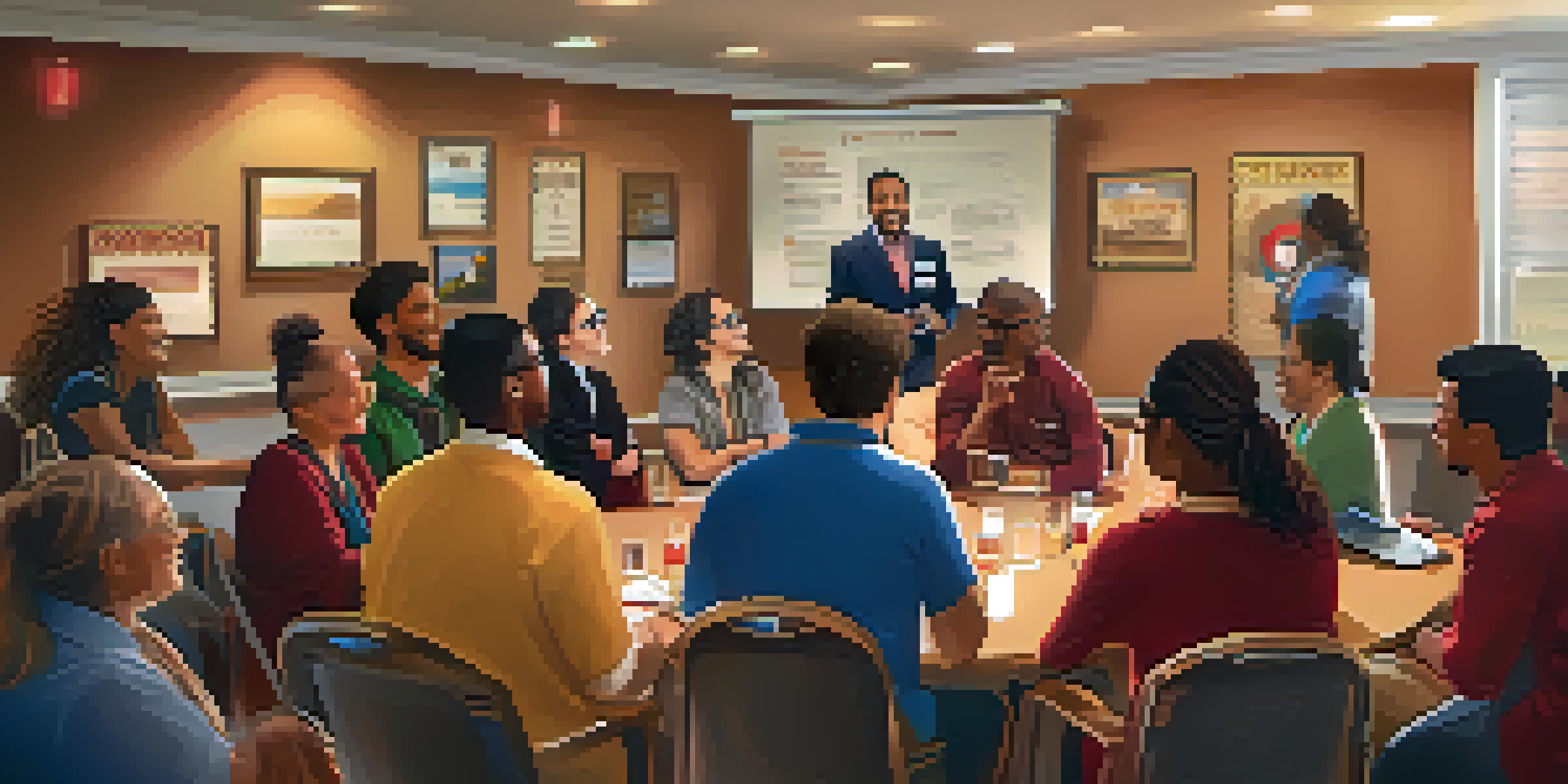 A diverse group of people participating in a Toastmasters club meeting, engaged in discussion in a warmly lit room with motivational posters.