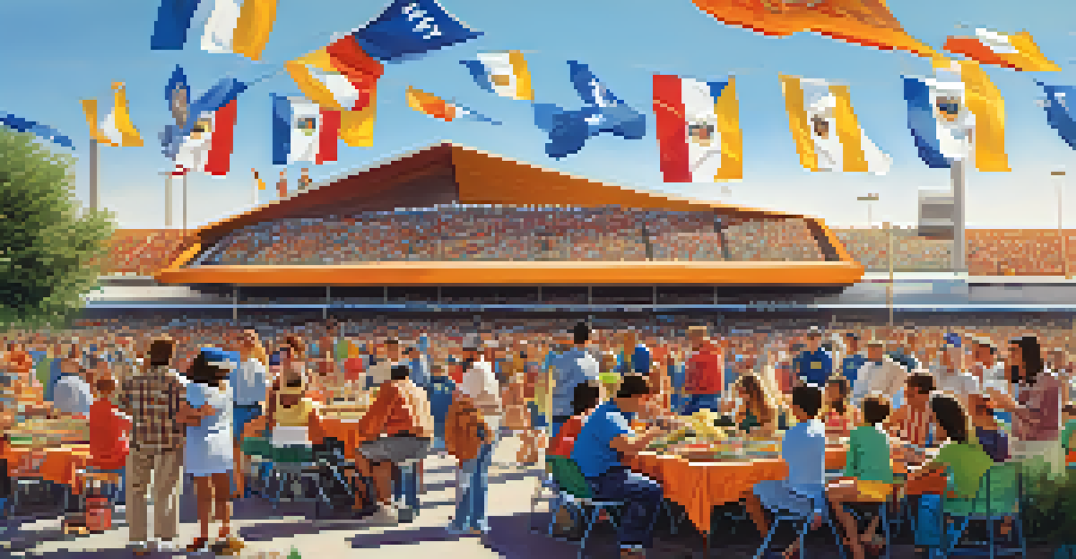 A family enjoying a tailgate party outside a football stadium in Phoenix, with barbecue grills, team flags, and children playing.