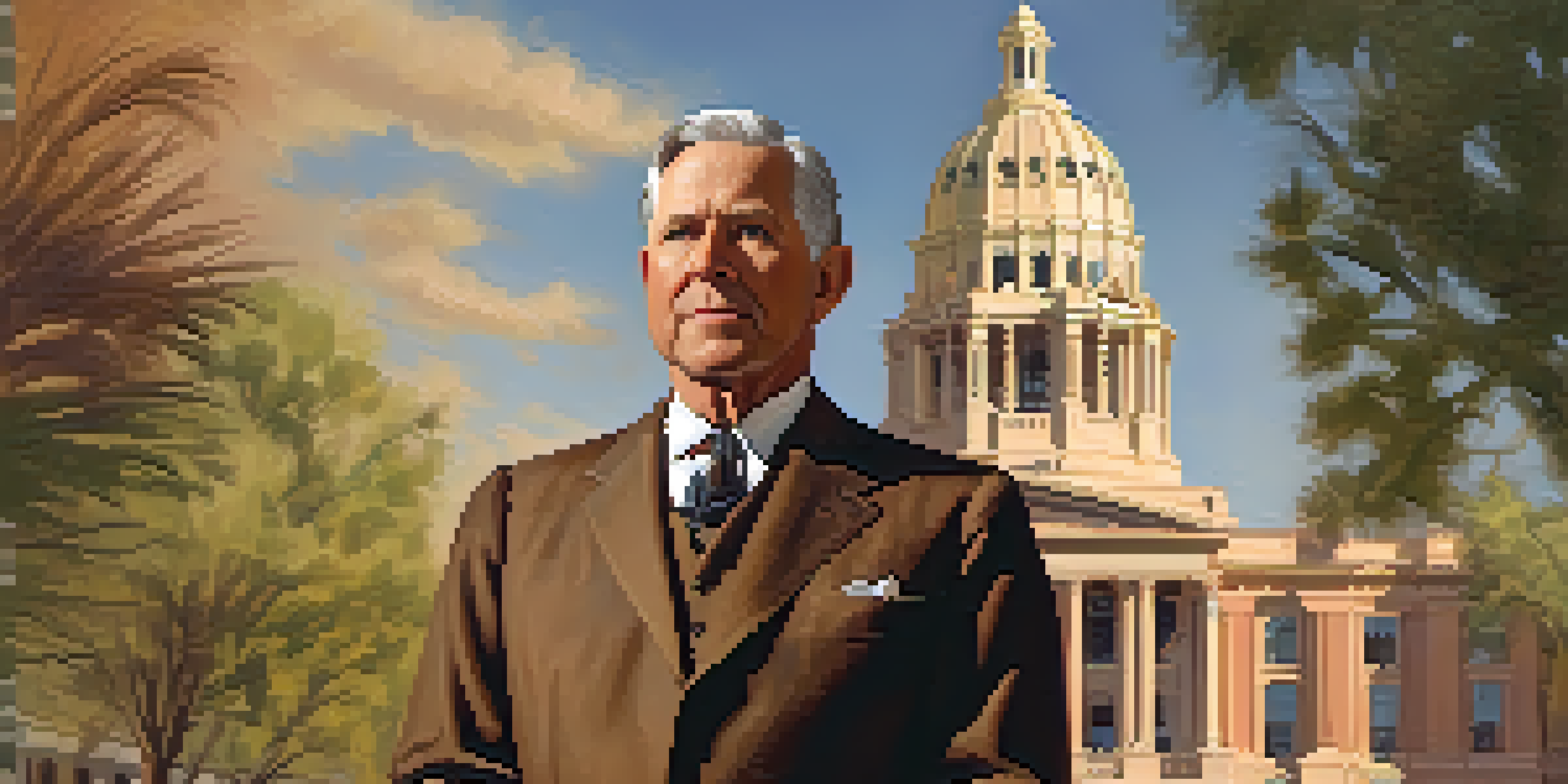 A historical portrait of Governor George W. P. Hunt in front of the Arizona state capitol building, wearing an early 20th-century suit with a determined expression.