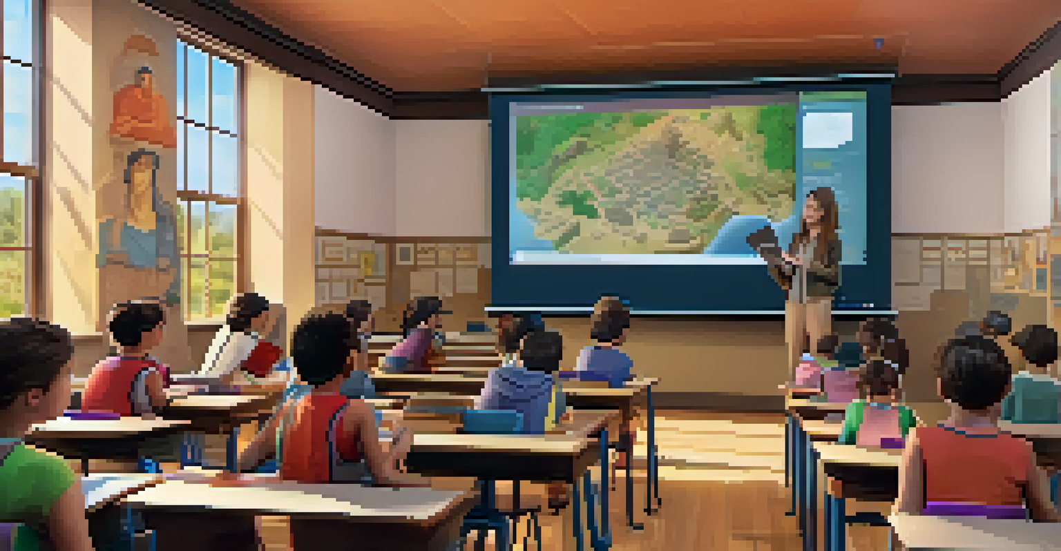 A digital classroom with students using tablets and VR headsets, engaging with a smart board displaying an interactive history lesson.