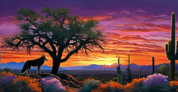 A sunset scene in the desert with a silhouette of a coyote and saguaro cacti.
