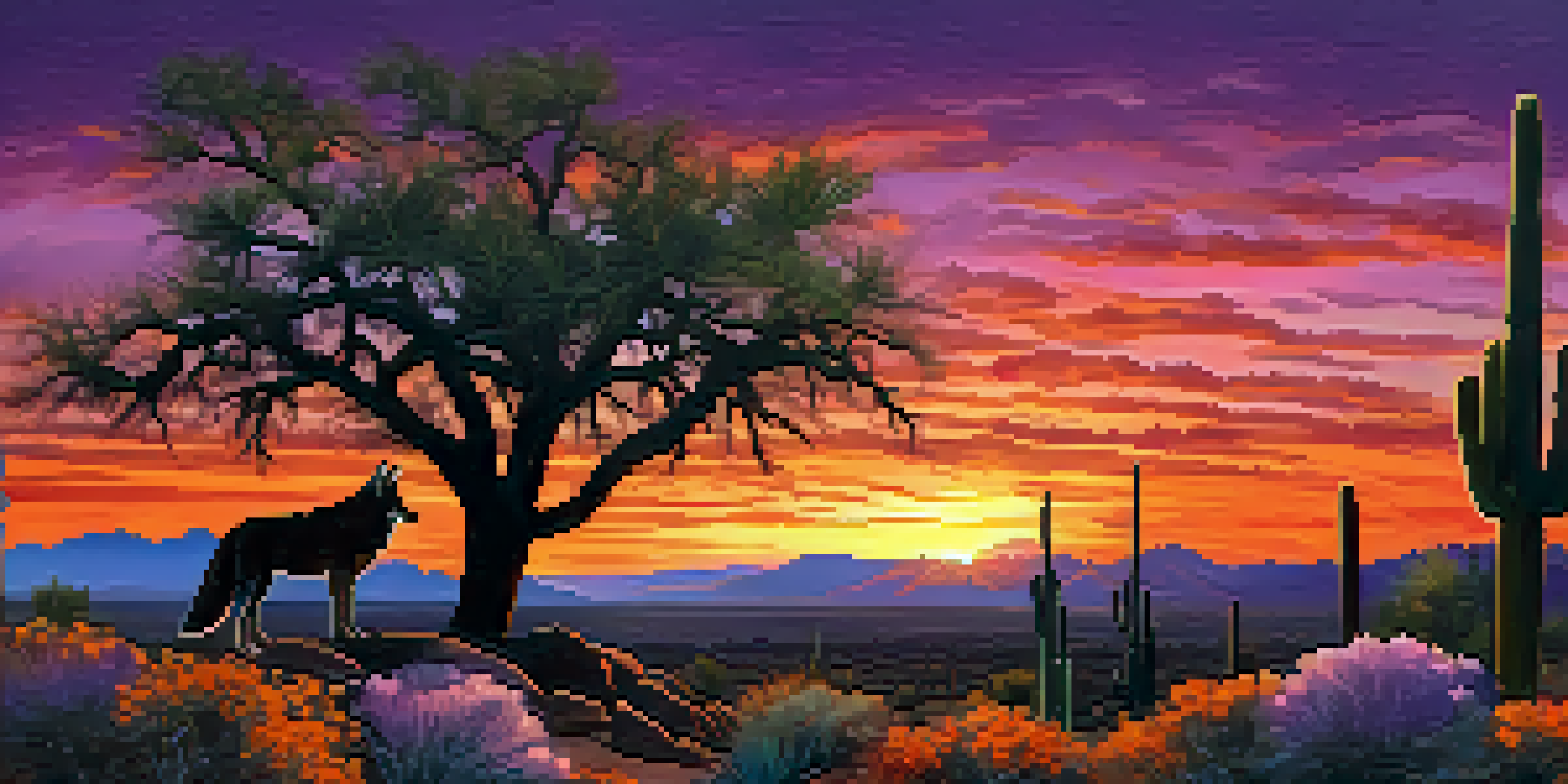 A sunset scene in the desert with a silhouette of a coyote and saguaro cacti.