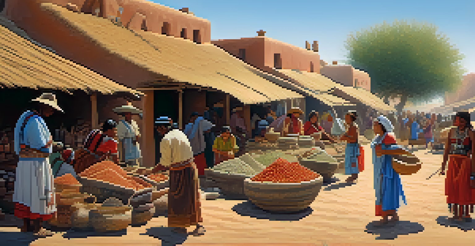 A vibrant market scene with Indigenous people trading pottery and jewelry, surrounded by traditional adobe homes under a sunny sky.